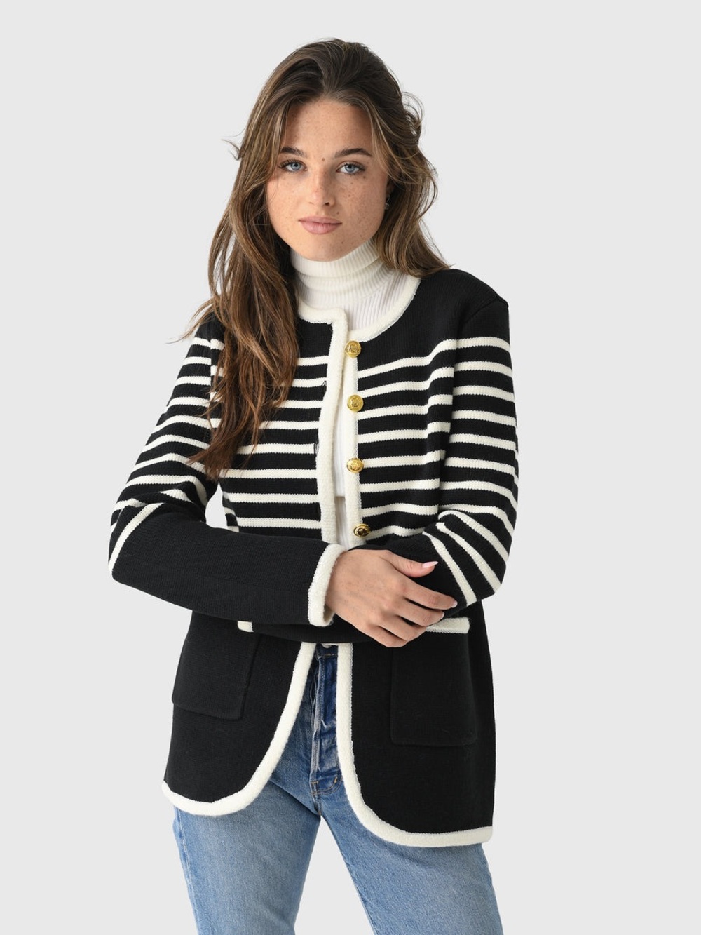 ECHE Black & White Striped Knit Cardigan Sweater